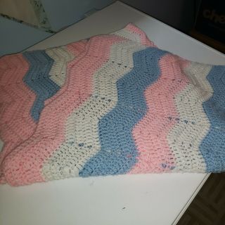 Vintage Handmade Crochet Baby Blanket Pastel Pink Blue White 34 X 40