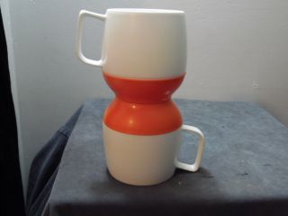 2 Vintage Thermos/dinex Insulated Coffee Mug Cups Orange White Camping Usa Made
