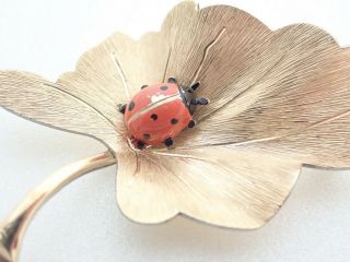 Vintage Krementz Signed Gold Tone Leaf w/ Enamel Ladybug Brooch Pin 2