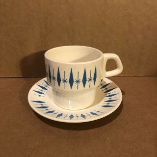 Marcrest Mid Century Atomic Nest Stone Coffee Mug Cup Blue White With Saucer