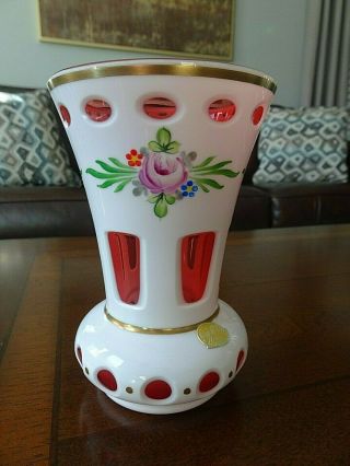 Vintage Bohemian Czech White Cut To Cranberry Glass Vase Hand Painted Roses