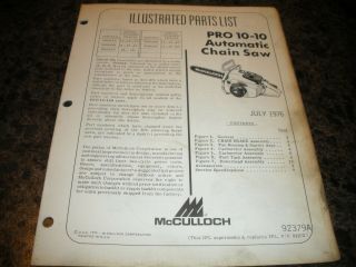 Mcculloch Pro 10 - 10,  Chainsaw Illustrated Parts List,  Vintage Chainsaw Y5