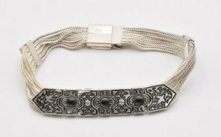 Vintage Art Deco Enamel Inlay Solid Sterling Silver 925 Bracelet 7.  25 "