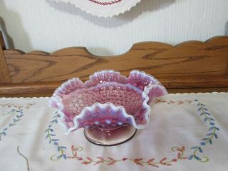 Vintage Fenton Cranberry Pink Opalescent Hobnail Crimped Ruffled Glass Bowl