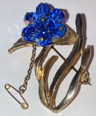 Vintage Costume Jewellery Sapphire Blue Aurora Borealis Crystal Flower Brooch