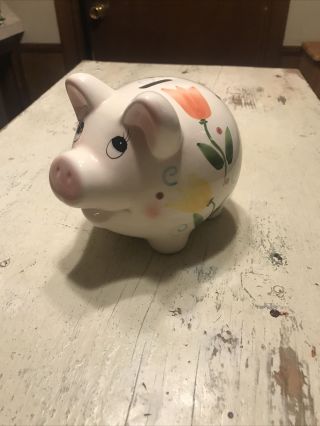 Vintage Ceramic Piggy Bank White Pig With Tulips Rare