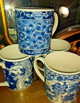 (4) Vintage Takahashi San Francisco Hand Painted Coffee Mug Tea Cup Blue White