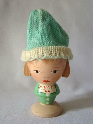 Vintage Hand Painted Wood Egg Cup Eggcup & Green Knit Cap,  Sevi Italy