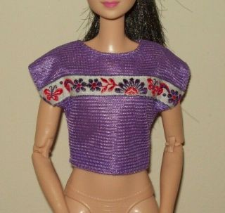 Vintage Barbie Doll Clothes Purple Shirt Top Blouse Butterfly Flower T156
