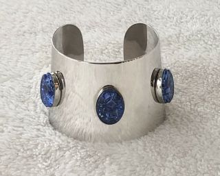 Vintage Sarah Coventry Cleopatra Cuff Bracelet 1972 Silver Tone Blue Stones