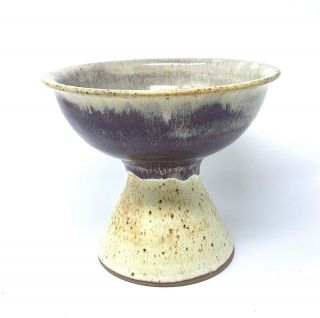 Vintage Mid - Century Studio Pottery Pedestal Footed Brown Glaze Drip Fruit Bowl