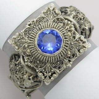 Vtg 1930s Art Deco 800 Silver Filigree French Moroccan Berber Glass Bracelet