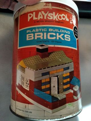 Vintage Playskool - Plastic Building Bricks In Canister,  1970 No.  525
