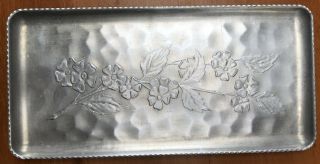 1950s Vintage 11.  25 In.  Hammered Aluminum Rectangular Tray With Floral Motif