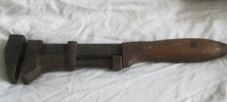 14 1/2 " Vintage L.  Coes Wrench Co.  Worcester Wood Handle Monkey Pipe Wrench