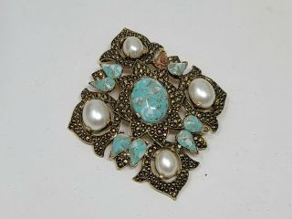 Vintage Sarah Coventry Pendant Faux Turquoise Pearl Gold Tone Diamond Shaped