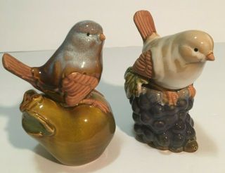 Set Of 2 Porcelain/ Pottery Bird Figurines On Fruit - Apple Grapes 5 1/2 "