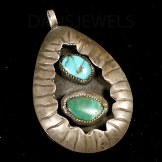 Sterling Old Pawn Vintage Navajo Natural 60s Turquoise Rustic 2 Stone Pendant