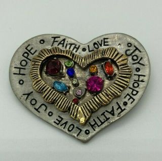 Vintage Love Heart Brooch/pin/pendant Rhinestone Silver & Gold Tone Hope Love