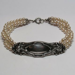 Vtg Sterling Silver Art Nouveau 3 Strand Glass Pearl 7.  5 " Bracelet 15.  9 Grams