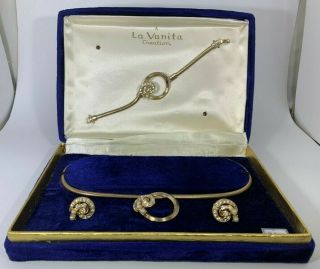 Vintage 24k Gold Plated La Vanita Creation Bracelet Necklace & Clip - On Earrings