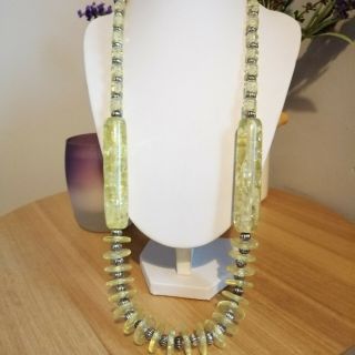 Vintage Green Yellow Speckled Plastic Beaded Statement Costume Necklace Mod 2