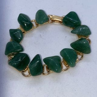 Vintage Costume Jewellery Green Stone Agate Style Link Gold Tone Clasp Bracelet