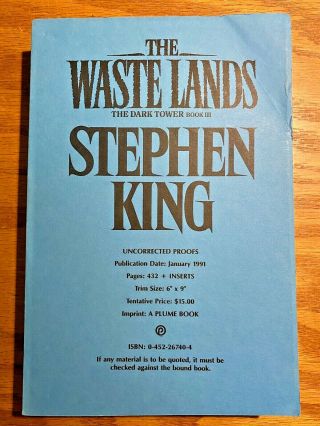 Advance Uncorrected Proofs Stephen King The Wastelands Dark Tower Iii Plume Ed