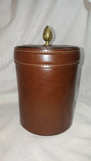 Vintage Heirloom Leather Wrapped Ice Bucket By Bosca Brown W/ Pineapple Lid