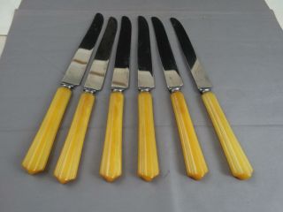 Set Of 6 Antique Butterscotch Bakelite Handle Dinner Knives 9 1/2 " Long