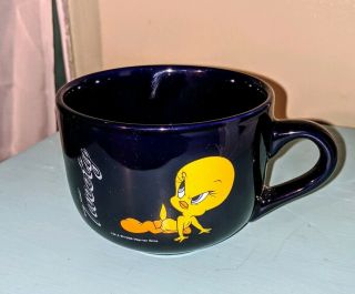Vintage 90s Wb Tweety Bird Coffee Mug Cup 1998 Warner B Cobalt Blue 4.  25 " Soup