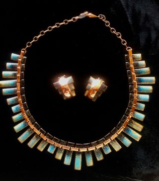 Vintage Matisse Copper & Enamel Necklace & Earrings Mid Century Set Signed