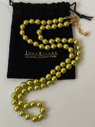 Vintage Signed Joan Rivers Lime Green Faux Pearl Necklace With Pouch