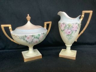 Vintage Lenox American Belleek Porcelain Sugar Bowl & Creamer Pink Roses