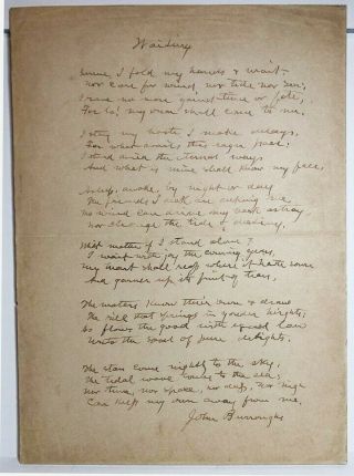 John Burroughs Handwritten Manuscript For " Waiting "