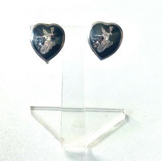 Vintage Sterling Silver Siam Heart Shape Screw Back Earrings - In Gift Box