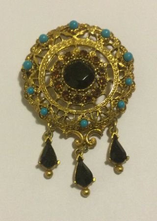 Vintage Signed Florenza Brooch Gold Tone Black And Honey Crystals,  Turquoise.