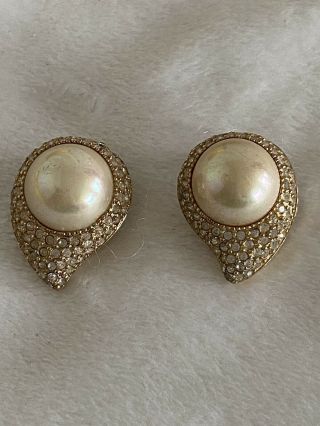 Vintage Christian Dior Large Faux Pearl And Rhinestone Clip Earrings.