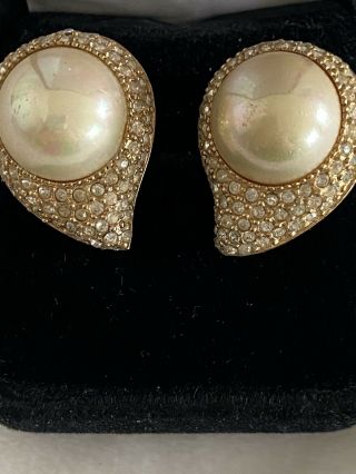 Vintage CHRISTIAN DIOR LARGE Faux Pearl and Rhinestone Clip Earrings. 2