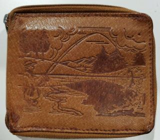 John Weitz Vintage Leather Zipper Wallet With Fishing Embossed Hard To Find