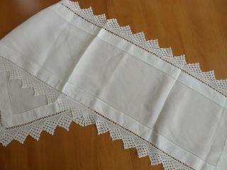 Vintage Large White Cotton Table Runner With Crochet Lace Edge
