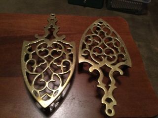 Two Vintage Victorian Solid Brass Flat Iron Trivet Stand Rest