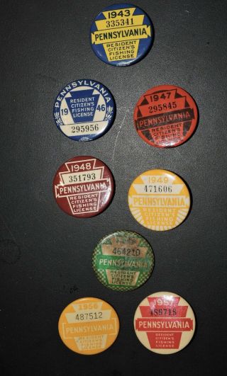 8 Vintage Pennsylvania Fishing Licenses Pin Back Badge 1940s 1950s