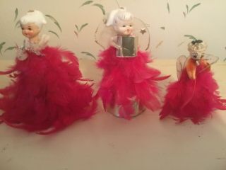 3 Vintage 1940/50’s Pink Feather Angels Caroler Porcelain Heads Cross Ponytails