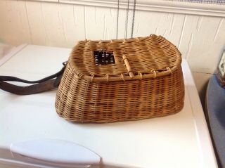 Vintage 14 " Wicker Fishing Creel With Leather Strap