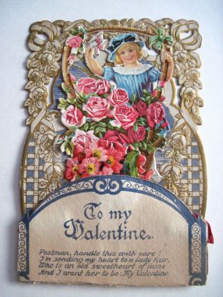 Vintage Antique Victorian Die Cut Pull Down Valentine W/ Red Honeycomb & Roses