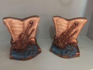 Vintage Pair Marion Bronze Violin & Sheet Music Bookends