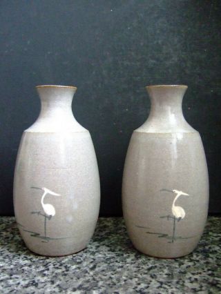 Pair Vintage Korean Celadon Glazed Pottery Vases Stork Heron Crane Signed