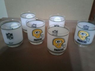 Set Of 6 Vintage Nfl Green Bay Packers Frosted Glass Tumbler Mobil Gas Promo.