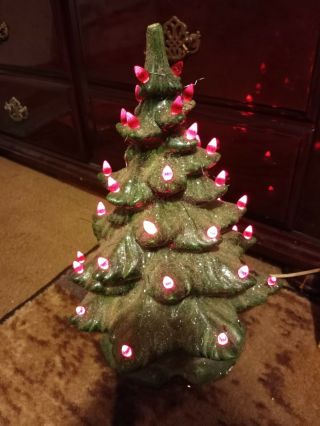 Vintage 18 Inch Large Lighted Ceramic Christmas Tree 2 Piece Atlantic Mold Flaw
